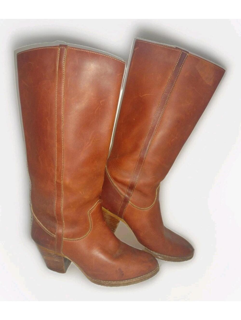 Vintage 70s Oxblood Rust Saddle Leather Tall Boots 7.5M Stacked Heel Veg Tan